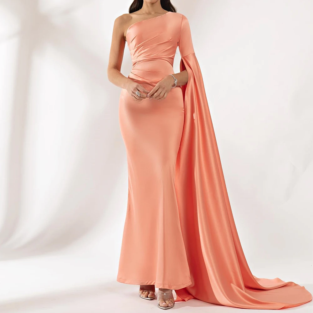 

Customized Delicate Satin Mermaid One Shoulder Evening Dress Half Sleeves Floor Length Panel Train Bespoke Occasion Gowns