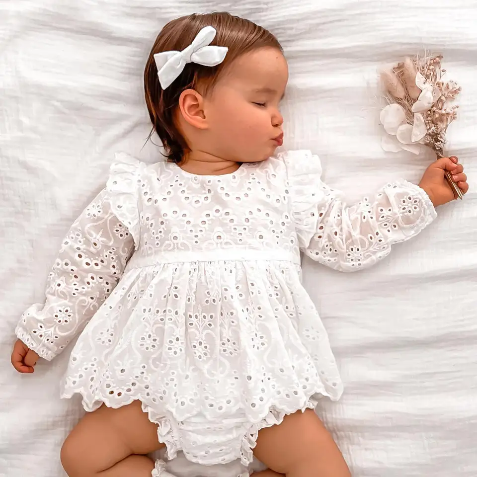 Barboteuse Bébé Fille Dentelle Volants + Bandeau Fleur – Body Princesse Sans Manches 0-24 Mois