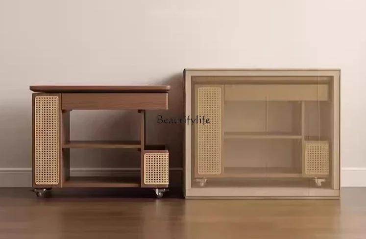 

LJY-*Nordic solid wood lifting coffee table small apartment living room household sofa side cabinet movable trolley