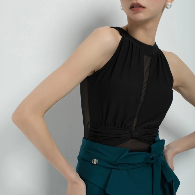 Strój do tańca towarzyskiego damski standardowy nowoczesny taniec występ spodnie do ćwiczeń czarny top z siateczki strój treningowy dla dorosłych 2338