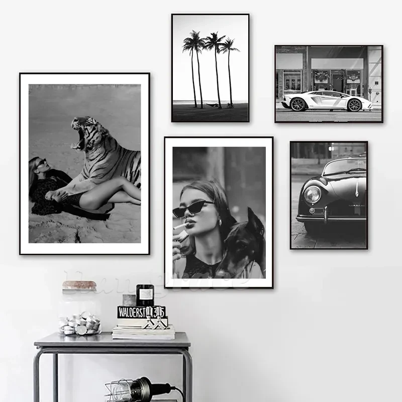 Fashion Girl Black White Photo Posters Print Vintage Street Photography Art Painting Retro Car Modern Pictures Home Room Decor