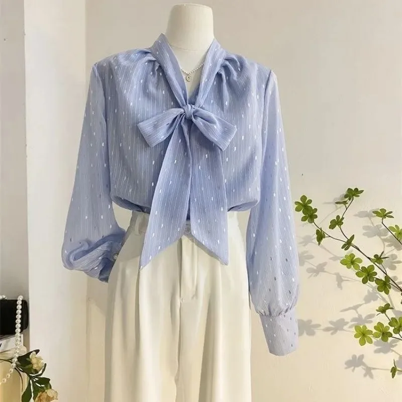 

French High-end Bright Silk Loose Shirt for Women, Versatile Blue Tie Bow Long-sleeved Top