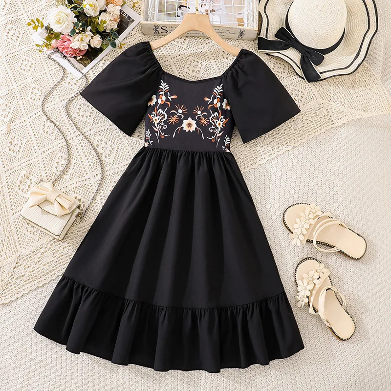 2026 New Arrival Tween Girls Princess Dress European American Print Flare Sleeve Patchwork Swing Hem Elegant Dress