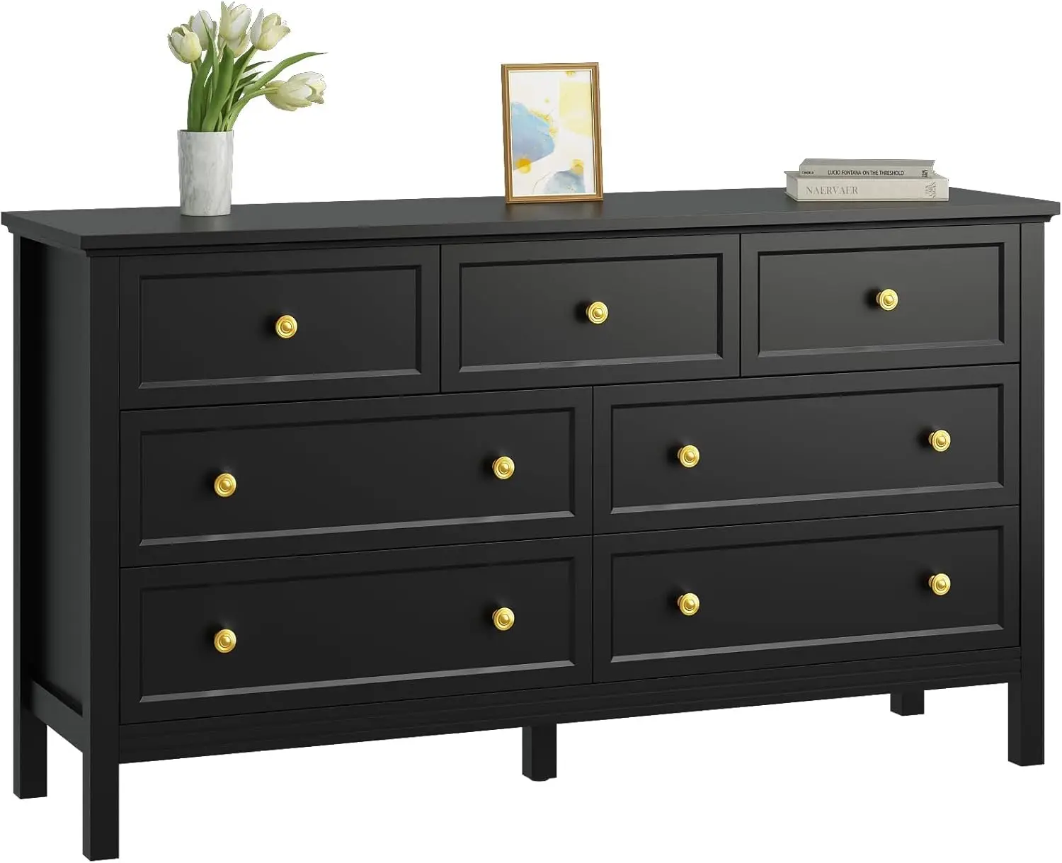 Black Dresser for Bedroom, 7 Drawer Dresser with Wide Drawers and Gold Metal Handles, 55