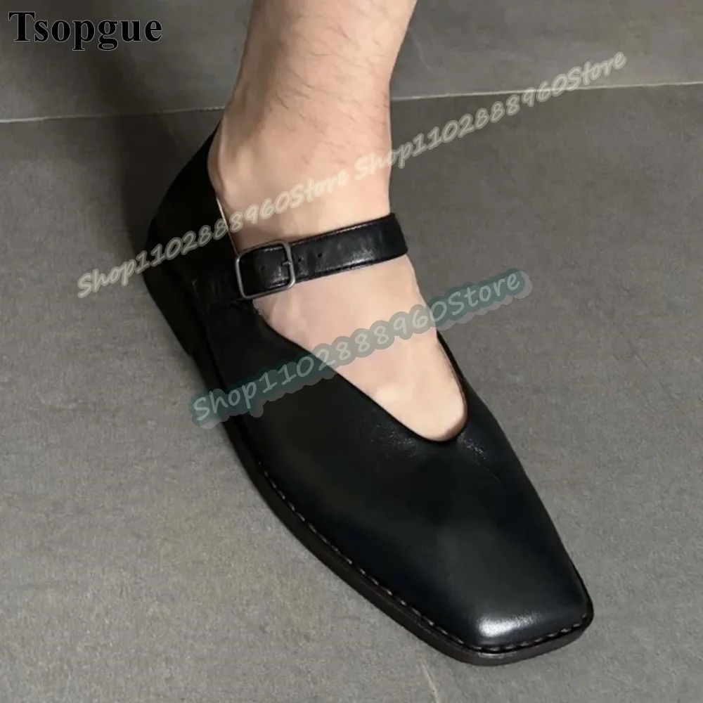 

Trendy High Quality Black Matte Leather Pumps Flats Shoes For Women Buckle Strip Square Toe Party Occidental Style Women Pumps