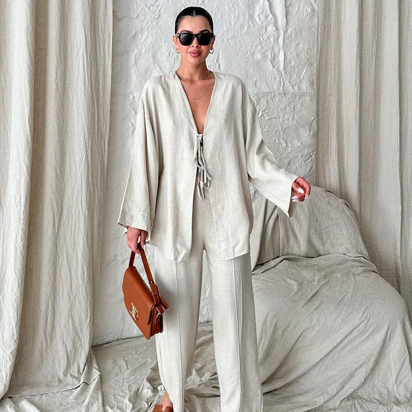 Flare Sleeve Lace-up Cardigan And Wide Leg Pant Set Cotton Loose Long Sleeve Jacket Trouser Homewear Spring Summer Simple Suit