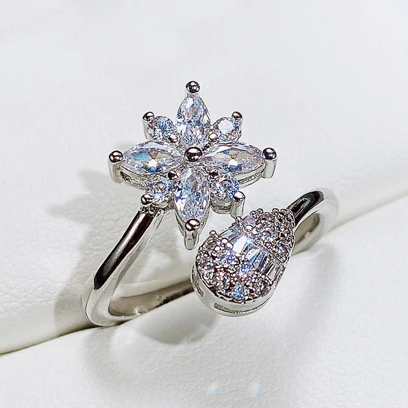 New Aesthetic Lady Opening Rings with Shiny CZ Flower  Wedding Party Women Accessories High Quality Silver Color Jewelry