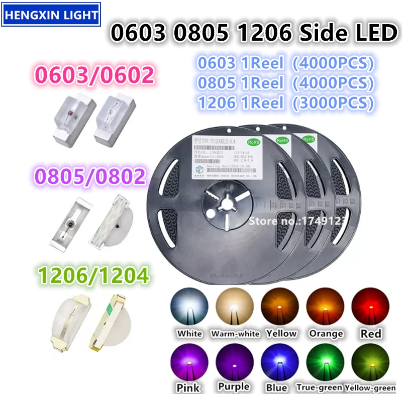 Super Bright 0603 0805 1206 Side SMD LED, Red, Blue, Green, White Yellow, 0602 0802 1204 Light Emitting Diode