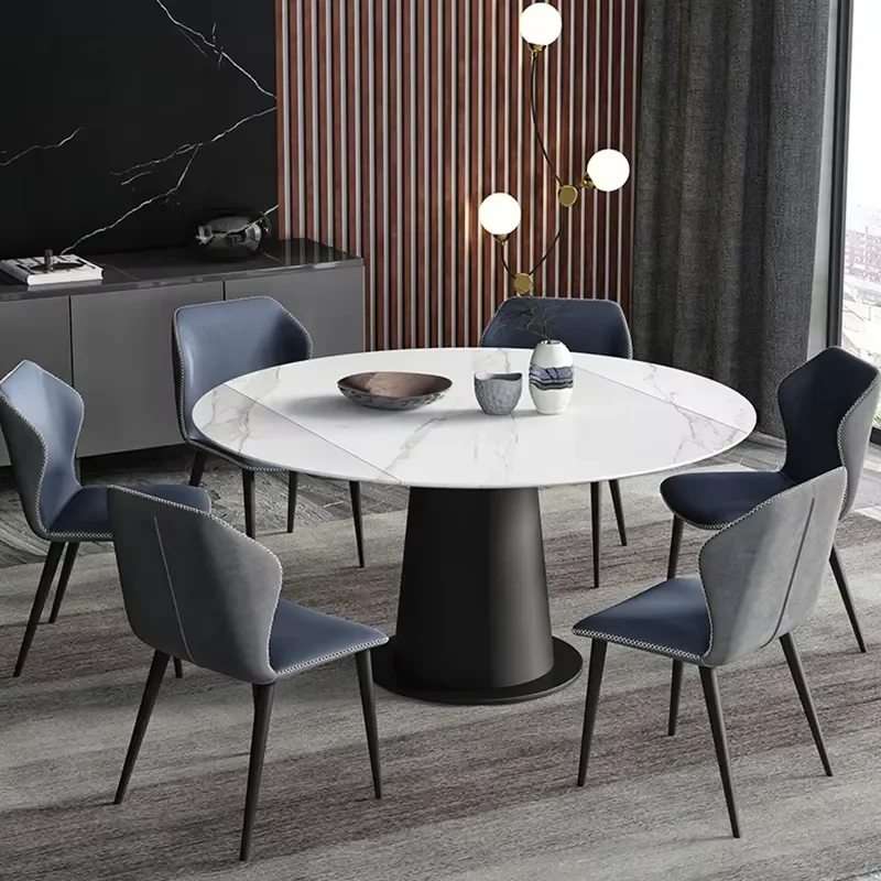 Light Marble Dining Table, Retractable Rotating Dining Table, Rectangular Circular Rock Plate Dining Table and Chair