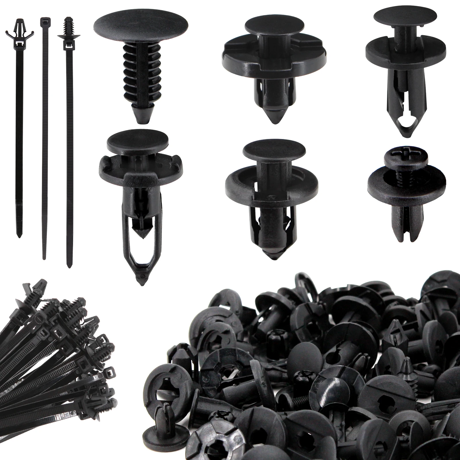 230PCS Automotive Nylon Retainer Fastener, Plastic Clips Bumper Rivet Kit for Nissan 6 size with Zip Ties 1595864,1605396