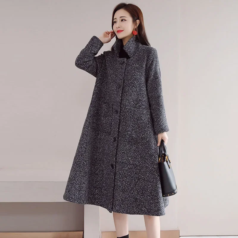 

YASUGUOJI Winter Thicken Warm Wollen Coat Women Outerwear Fashion Turn Down Collar Overcoats Casual Cotton A Line Wool Coats