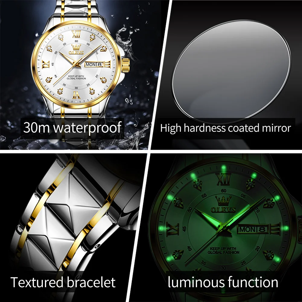 OLEVS 2906 Original Quartz Couple Watch Roman Scale Diamond Dial Luxury Watch For Men Women Rhombus Strap Waterproof Hand Clock