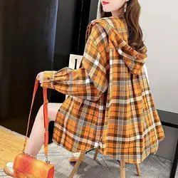 2024Women's Autumn and Winter New Fashion Elegant Hooded Plaid Buttons Korean Versatile Long Sleeved Loose Mid Length Jacket