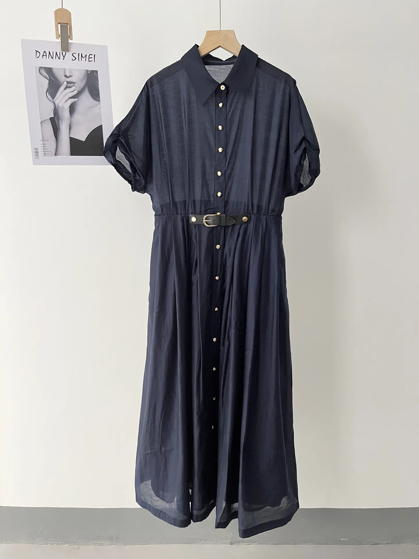 

Shirt medium and long commuter dress women's summer navy blue dress 51c-721
