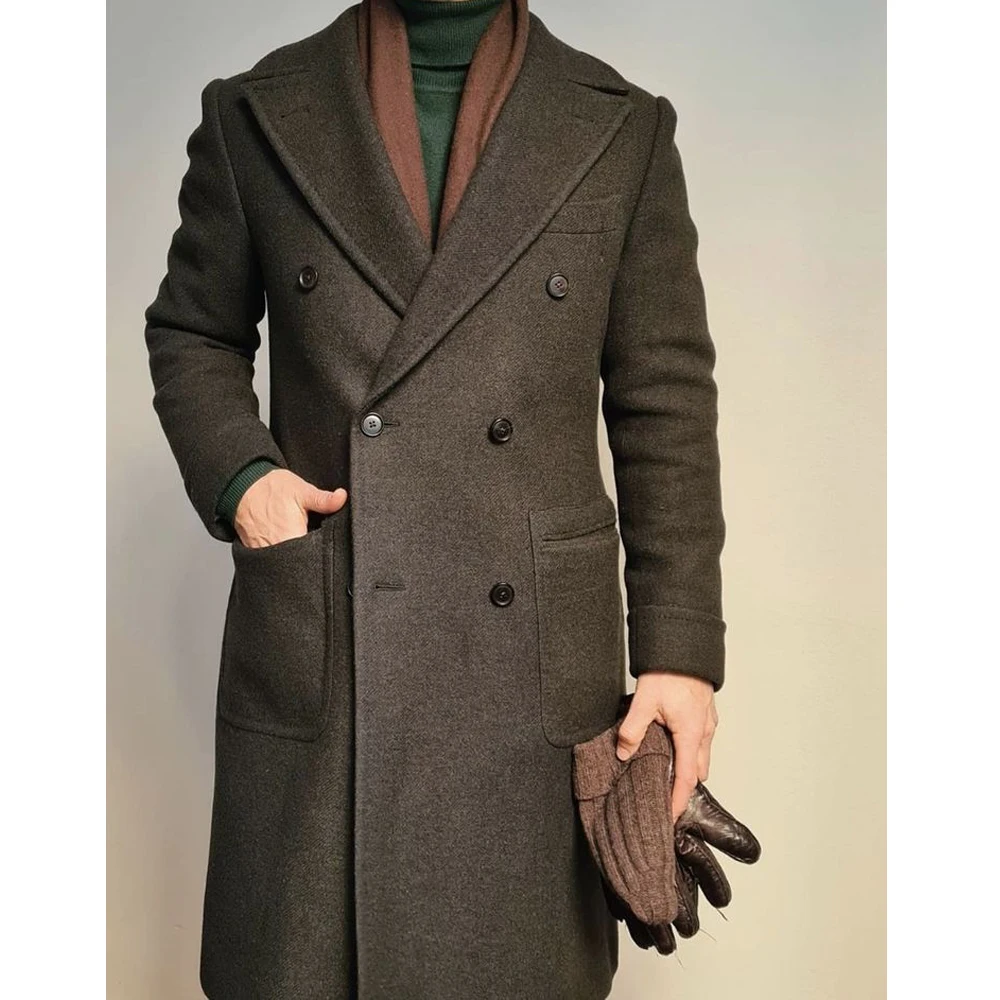 Male Coat Men's Woolen Solid Color Autumn and Winter Long Jacket V-neck Double-breasted Business Casual Coat Man Jackets for Men