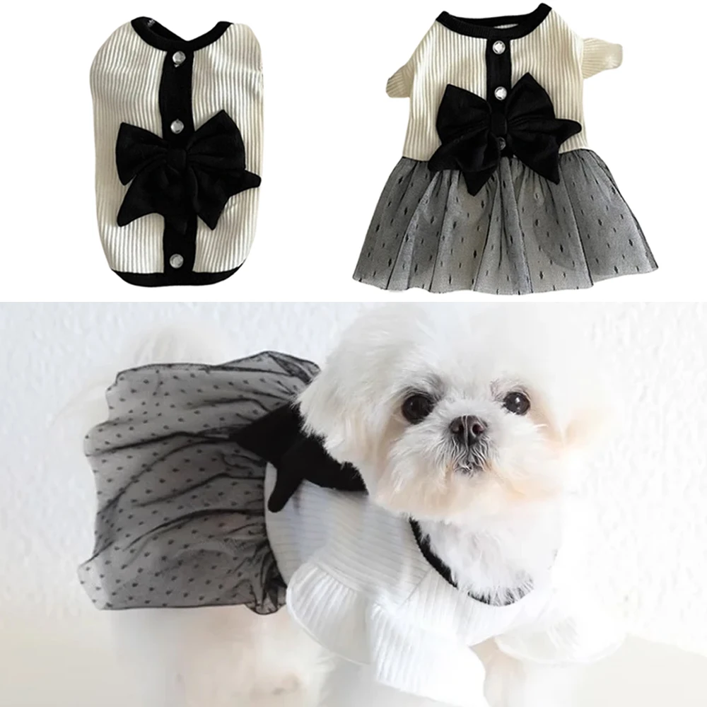 Black White Bow-Knot Dog Dress Pet Outfit With Large Bow Cotton Pullover Puppy T-Shirt Dog Clothes Cat Vest Couple Pet Dress