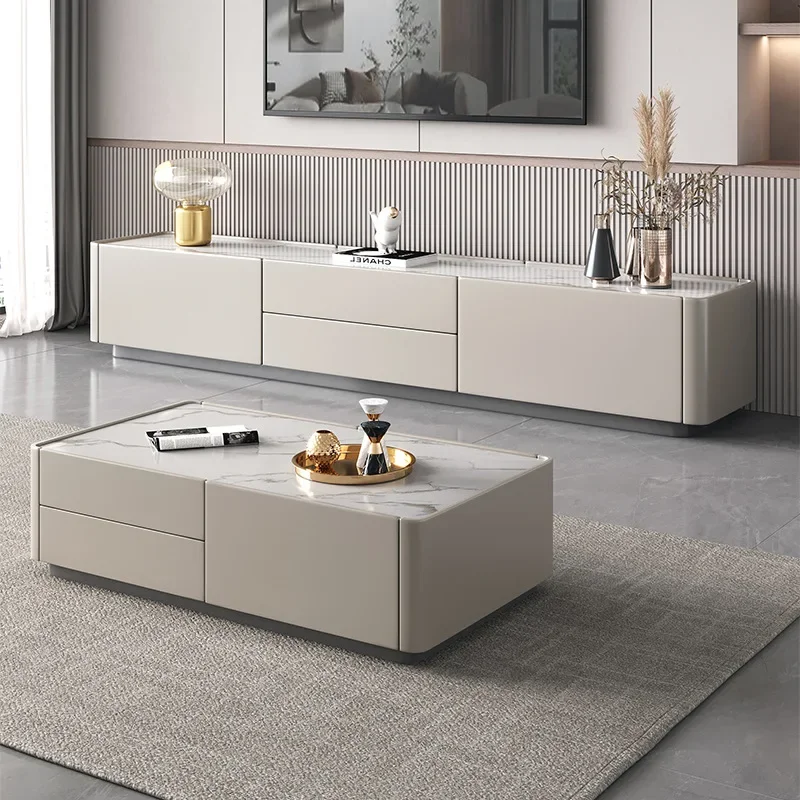 Nordic Modern Minimalist TV Cabinet Coffee Table Set Glossy Rock Slab for Small Apartment Living Room Light Luxury Floor TV