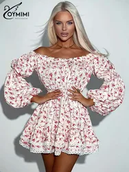 Oymimi Fashion Red Print Womens Dresses Elegant Strapless Long Sleeve Lace-Up Dresses Casual High Waist Pleated Lace Mini Dress