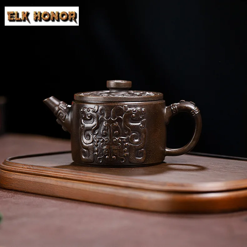 

290ml Ancient Yixing Purple Clay Teapots Artists Handmade Totem Hanwa Pot Raw Ore Bronze Mud Kettle Zisha Tea Set Tea Ceremony