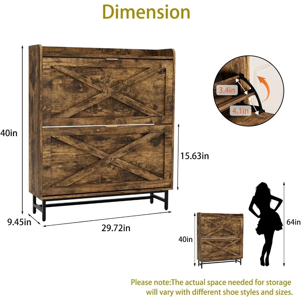 خزانة تخزين الأحذية مع درجين قابلين للطي، منظم أحذية قائم بذاته مع أرجل معدنية للمدخل، خزانة رفوف الأحذية الضيقة، ru