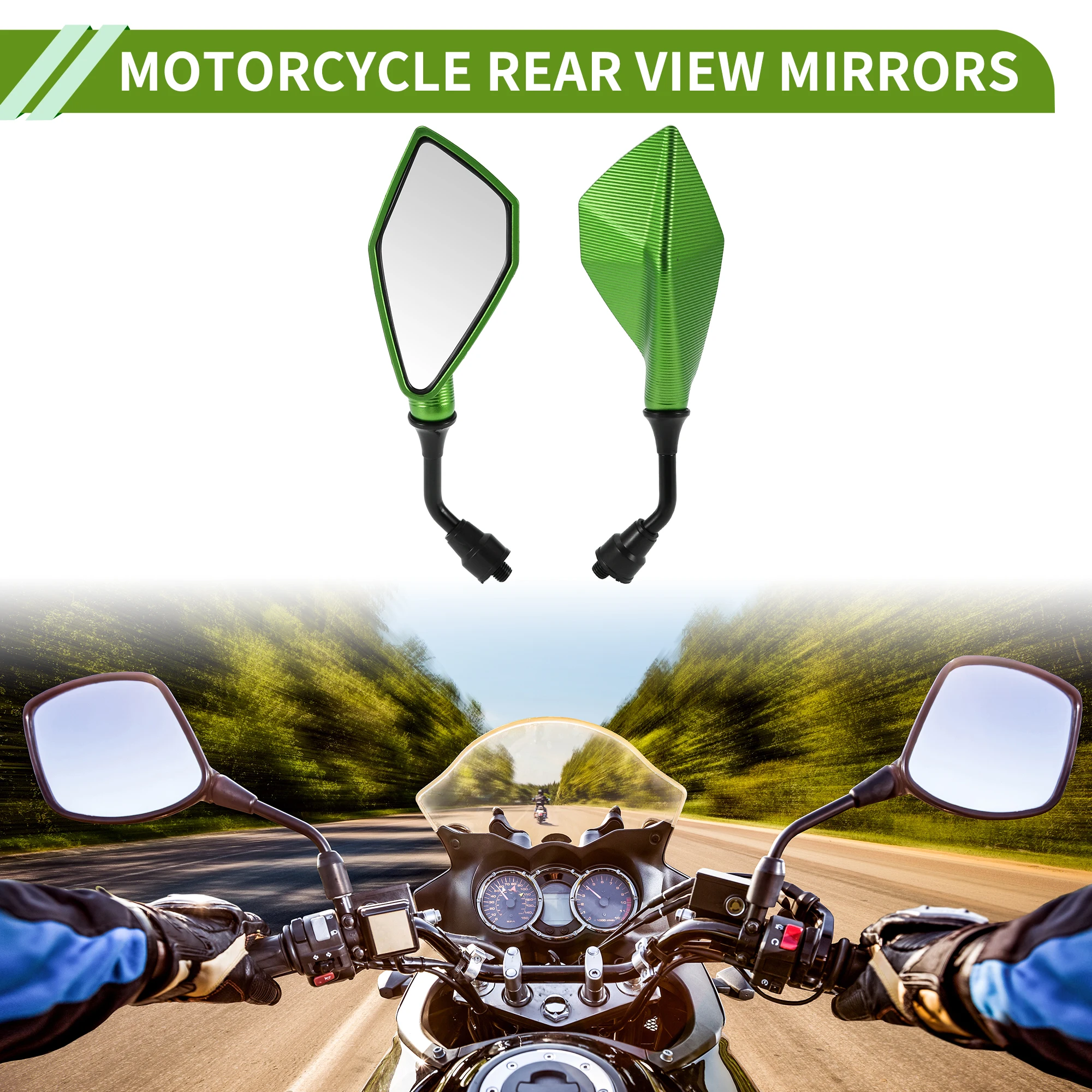 Motoforti M10 Motorcycle Rear View Mirrors Polygonal Shape Green Iron Plastic 1 Set