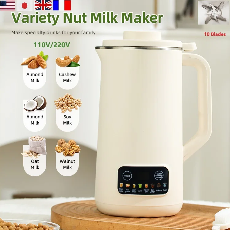 800ml US/EU/UK Soy Milk Machine 110V/220V Multifunctional ElectJric Juicer Maker 10 Blades with 12H Timer Auto-clean