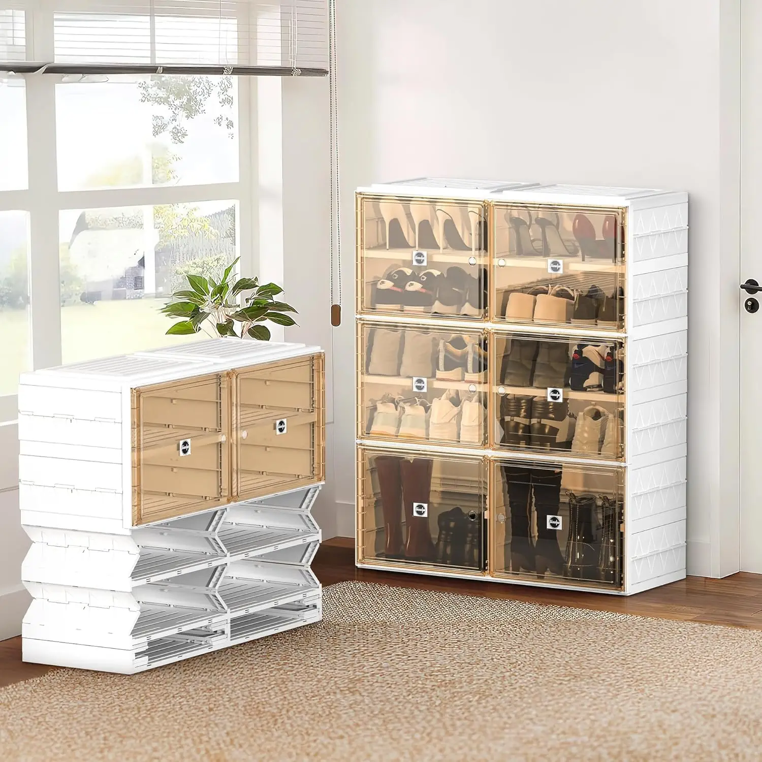 

Foldable Shoe Organizer Storage Box, Collapsible Shoe Rack For Closet, Large Sneaker Cabinet Bins With Magnetic Clear Doors,