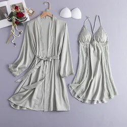 Bride 2PCS Bathrobe Gown Set Summer Lace Kimono Robe Suit Sexy Women Sleepwear Nightgown Loungewear Satin Home Clothes