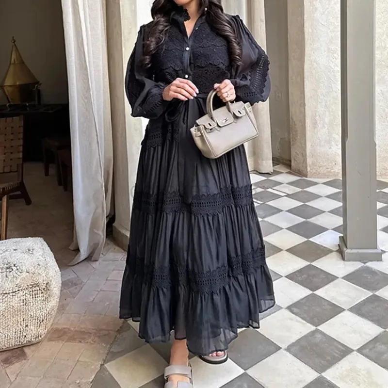 

Women's A-line Maxi Dress with Long Sleeves Hollow Out Embroidery Patchwork Long Dress 2025 Spring Summer Female Solid Robe