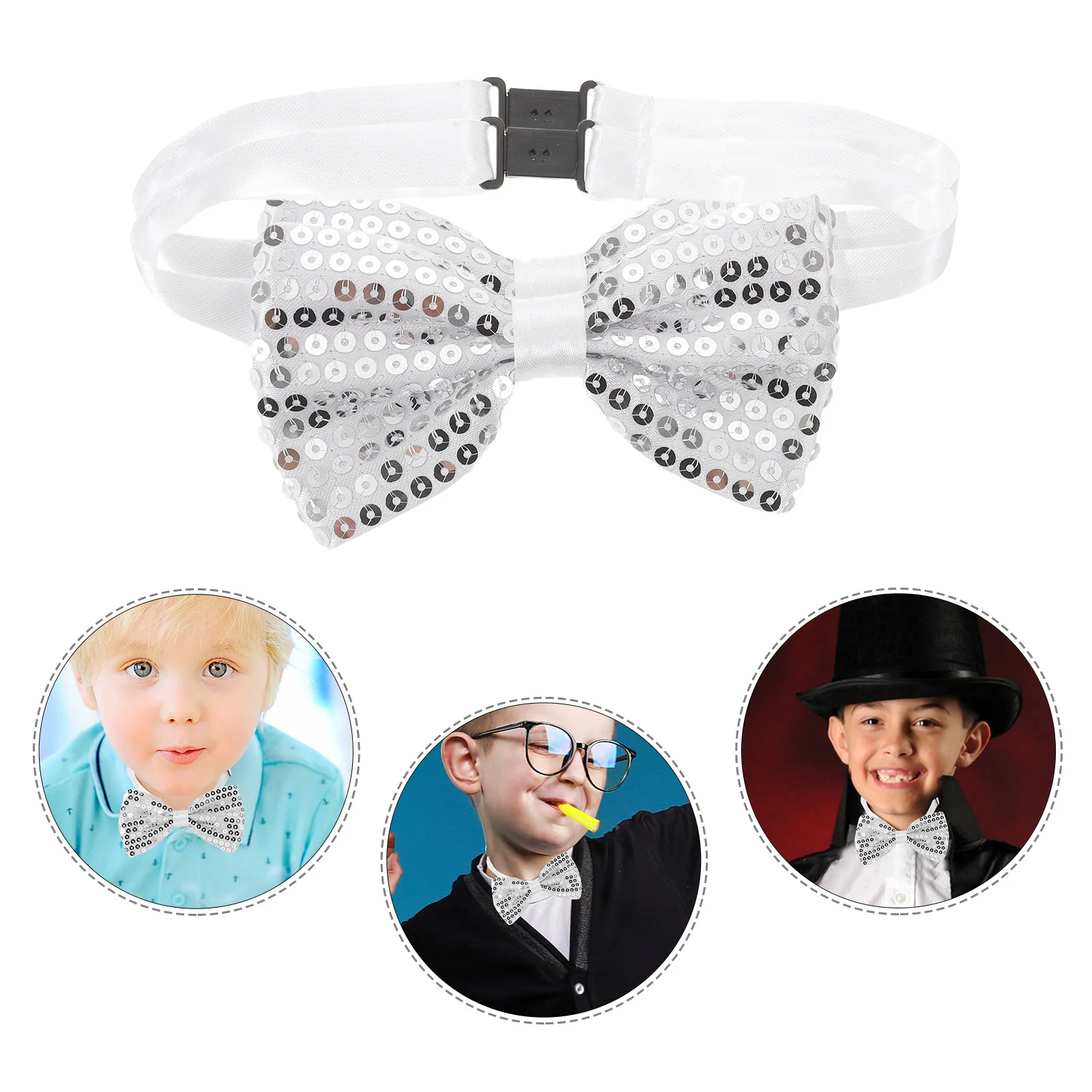 

5Pcs Kids Bow Ties Silver Sparkle Sequin Adjustable Pre-Tied Bowties for Graduation Party Stage Costume Accessories