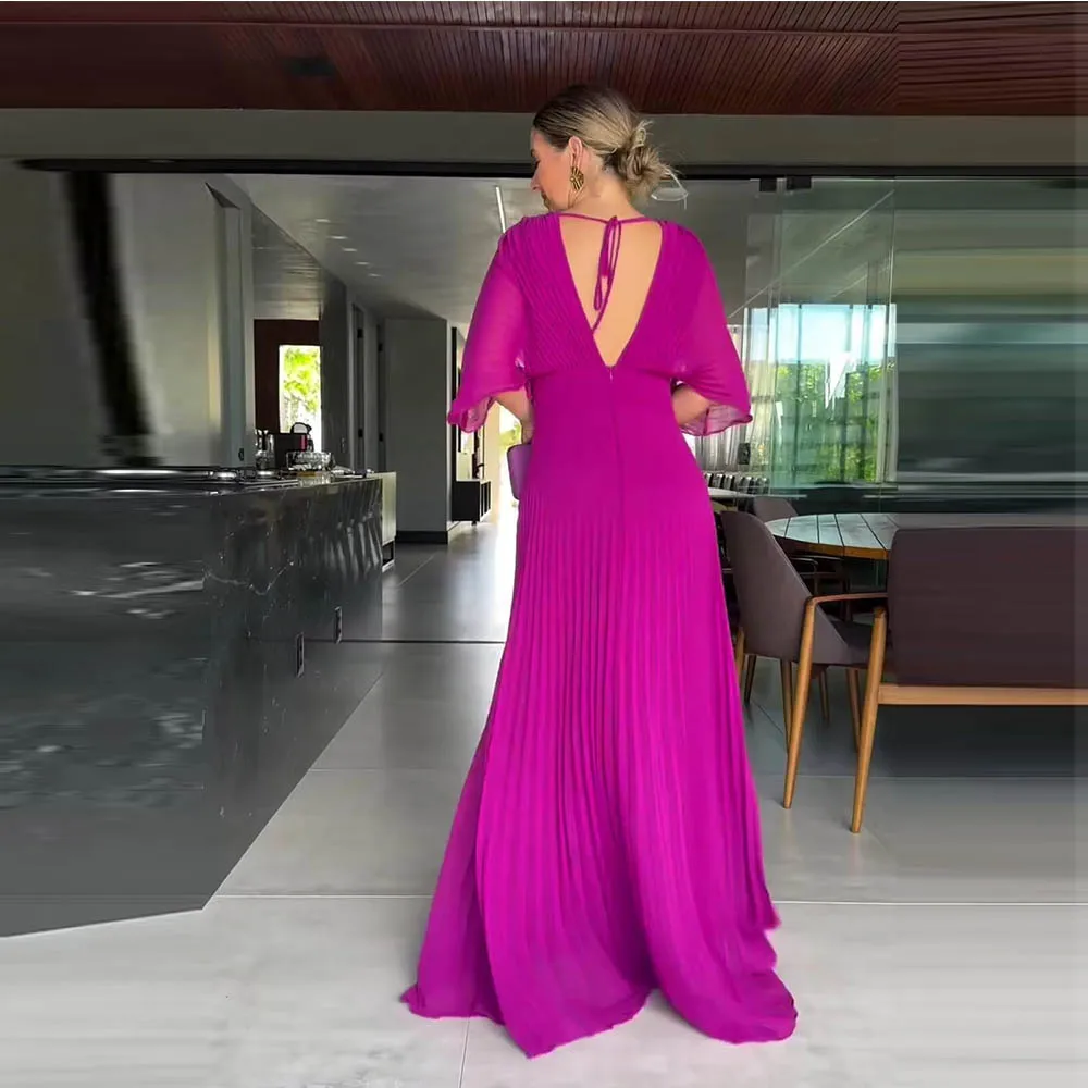 Customized Women's Chiffon Evening Formal Dresses Long V Neck Pleated Batwing Sleeves Mother of The Bride Dress