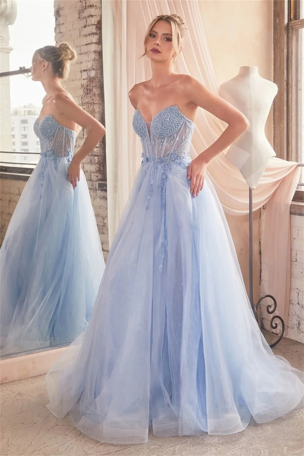 Tulle Sweetheart Sparkly Corset Prom Dresses With Split Lace Appliques Sequins Evening Gowns Sleeveless A-line Long Ball Gowns