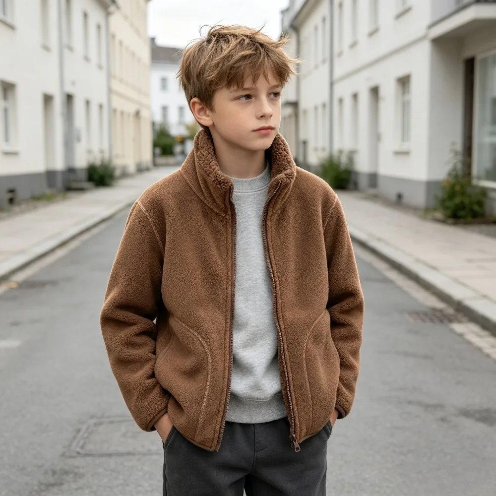 Kids Warm Fleece Jacket Zip Up Stand Collar Casual Coat School Boys Girls Thermal Outdoor Outerwear Autumn Winter Daily Wear