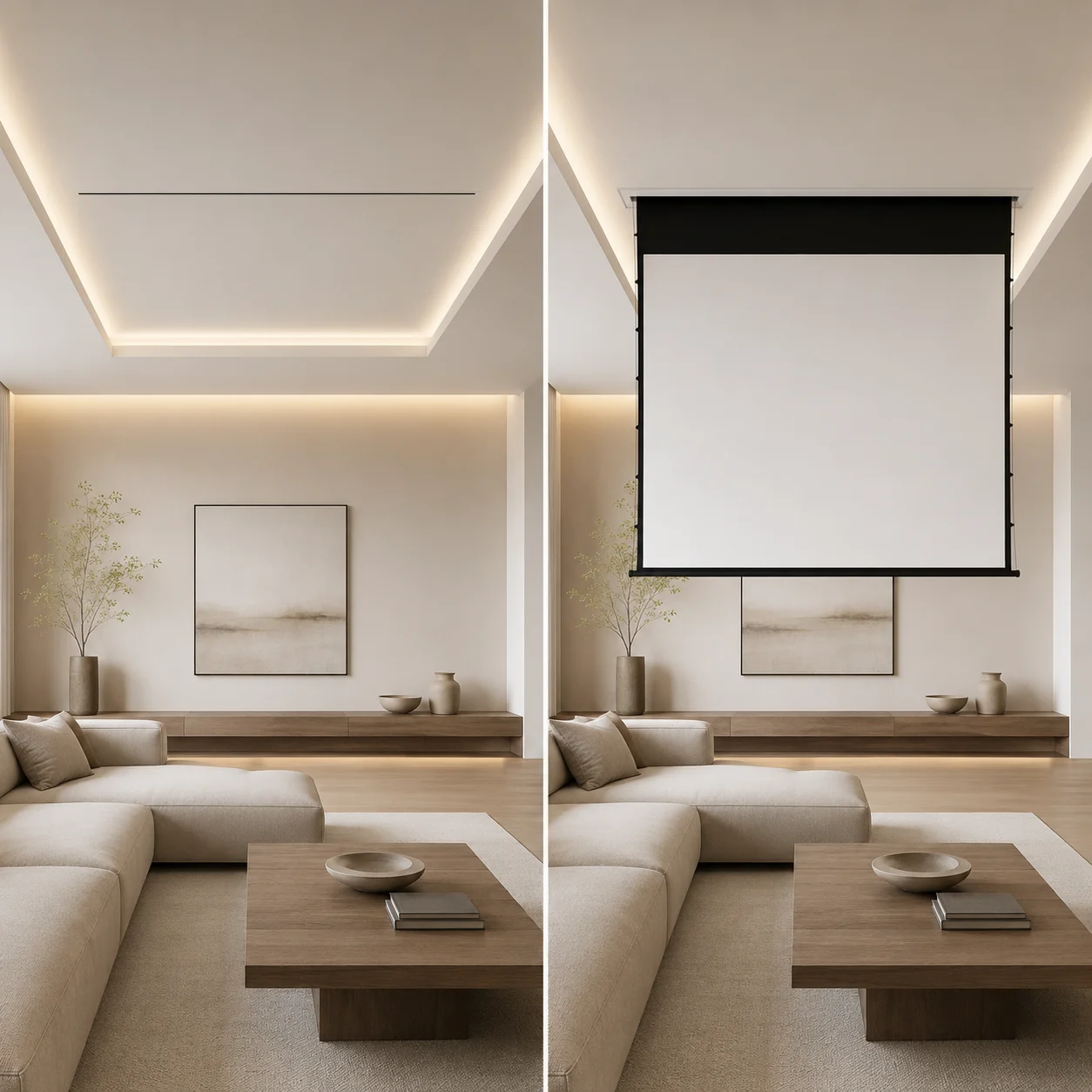 Smart In-Ceiling Motorized Hidden Tension Projection Screen 84-150 Inch White Soft Glass Fiber Ambient Light Rejecting Screen