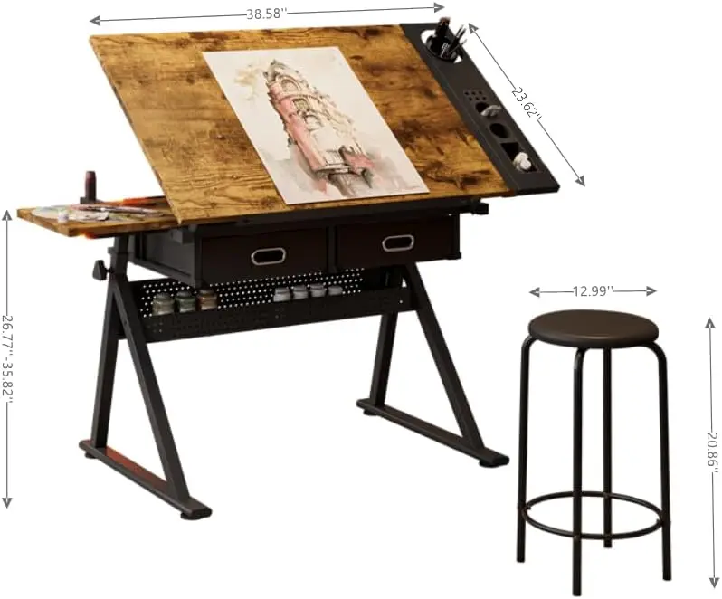 Adjustable Drawing Table with Stool, 2 Drawer Drafting Desk for Artists, Tiltable Tabletop for Home Office, School & view 3