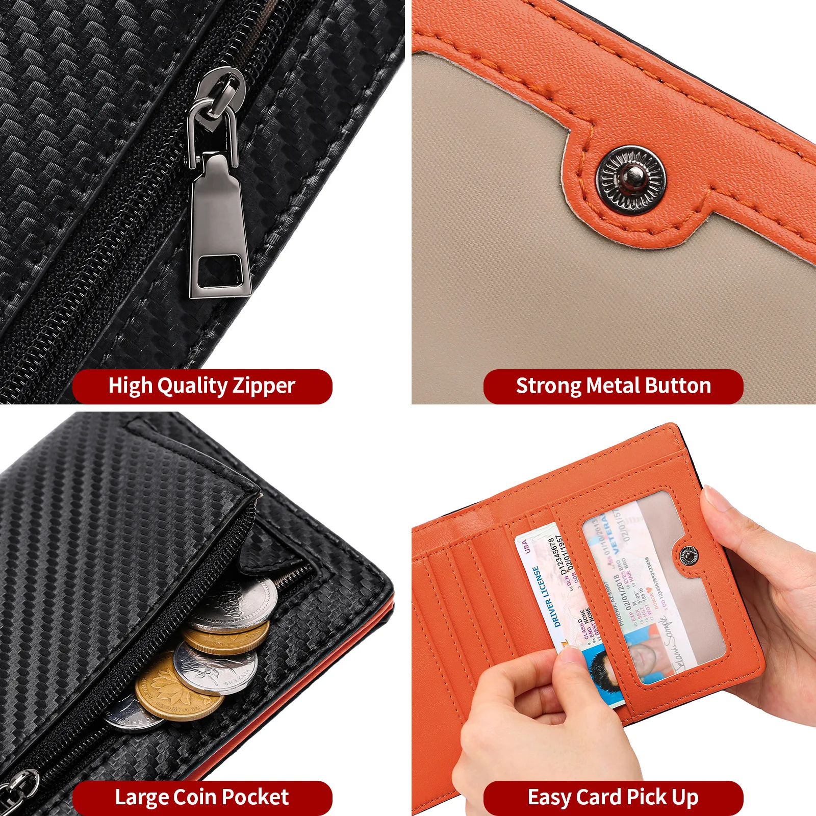Geestock Carbon Fiber Men's Short Wallet Rfid Simple Folding PU Leather Coin Purse Anti-Theft Brush Wallet Card Holder Clip  ﻿