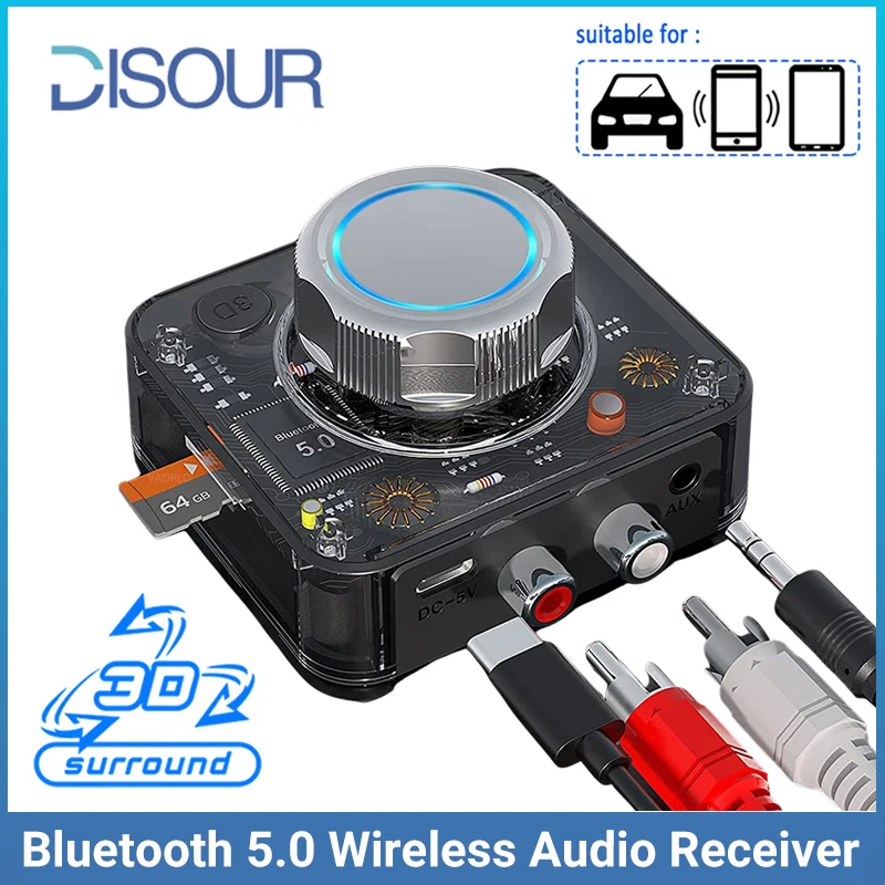 Bluetooth 5.0 Audio Receiver 3D Stereo Music Wireless Adapter TF Card R/L RCA 3.5mm AUX Jack For Car kit Wired Speaker/Headphone