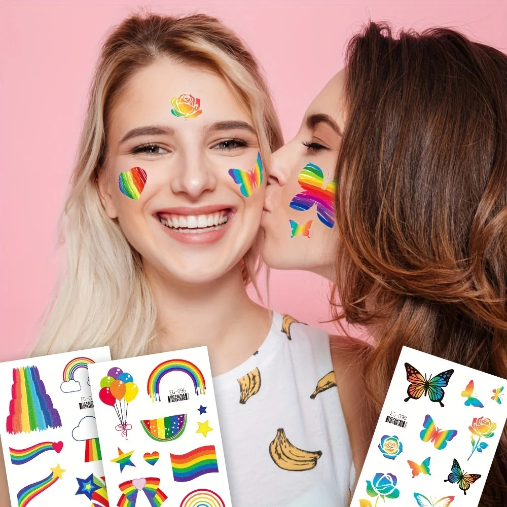 

12 листов, блестящие радужные Временные татуировки, наклейки на лицо гордости, водостойкая пудра для макияжа, искусственная татуировка для фестиваля гордости
