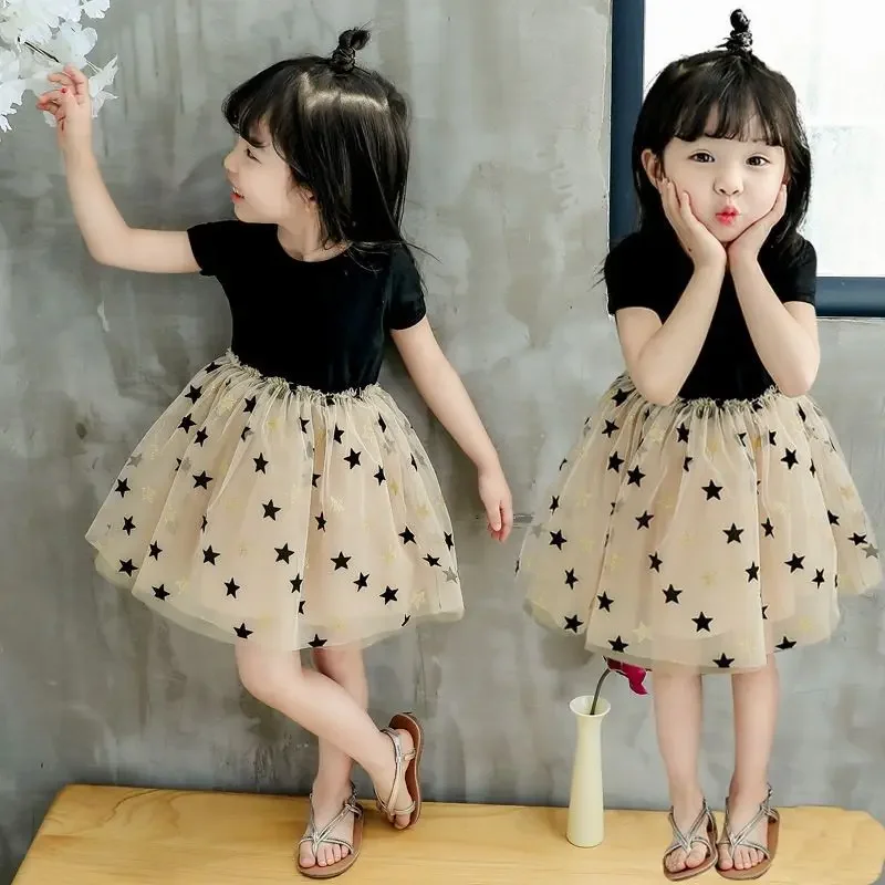 Girls' Dress 2025 Summer New Short-sleeved Cartoon Round Neck and Five-pointed Star Pattern Children's Sweet Gauze Dress