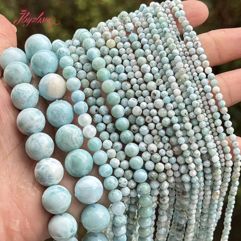 Round Faceted Smooth Blue Larimar Natural Stone Loose Beads 15 inches for DIY Charm Bracelet Necklace Jewelry Making 4/6/8/10mm