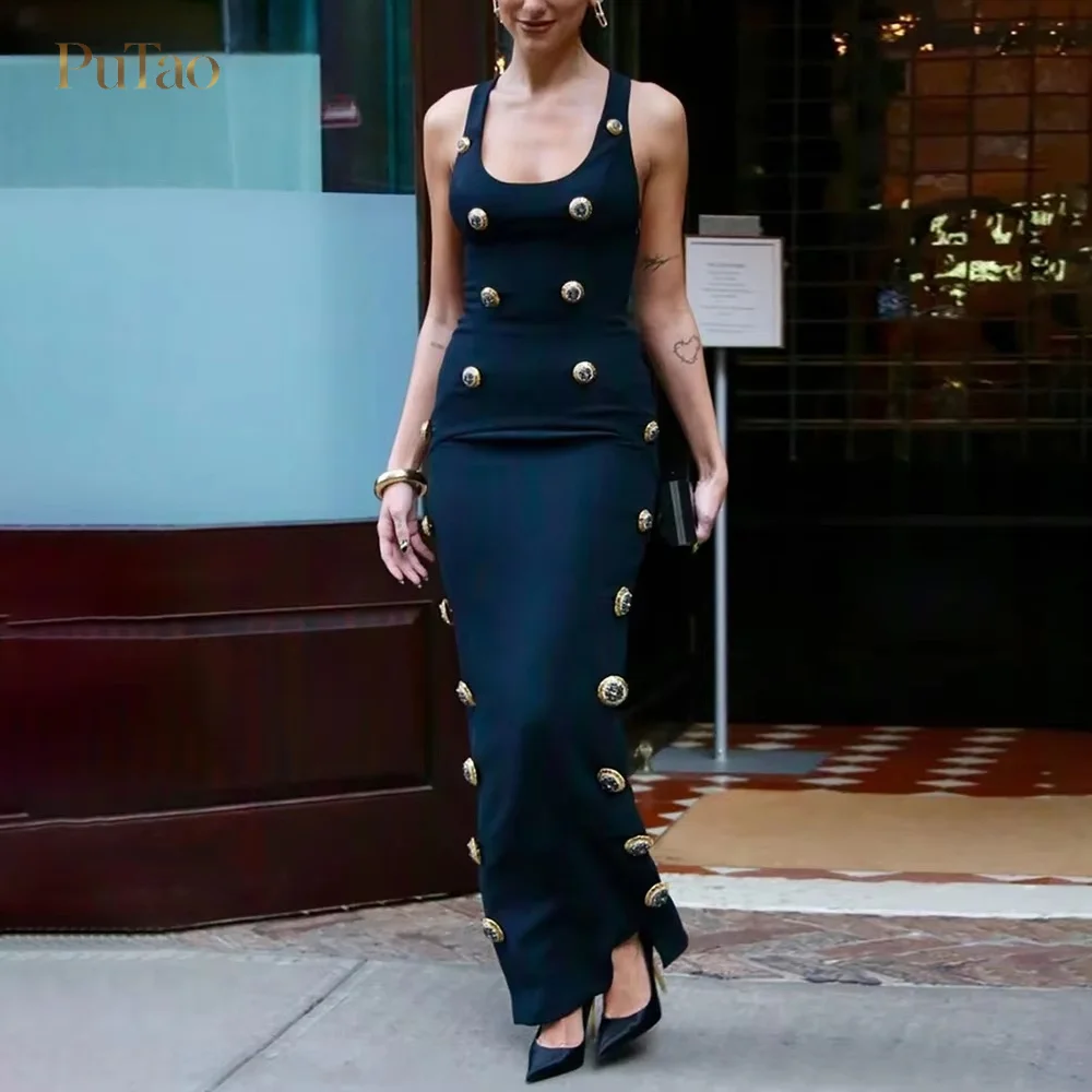 PuTao Women Black Sleeveless Mermaid Maxi Dress UNeck Gold Buttons Decor Bodycon Formal Evening Cocktail Wedding Party Dresses