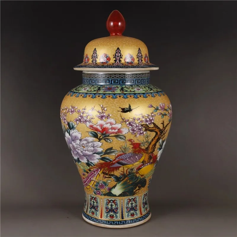 

40cm/Enamel Colorful Phoenix Flower and Bird General Jar Lid Jar Home Antique Porcelain Decoration Antique Ornament