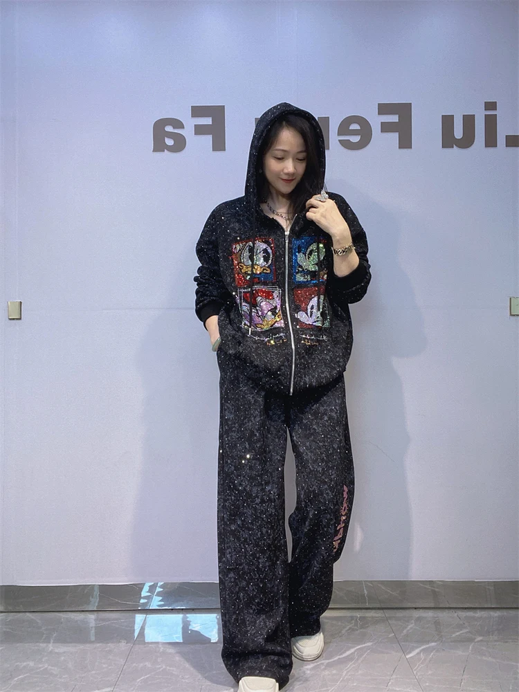 

Women's Autumn Winter Hooded Zipper Open Cardigan Sweatshirt Set Large Size Glitter Casual Straight Leg Pants Sportswear Two-...