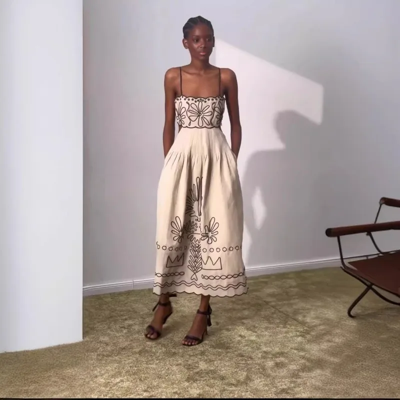 Abito estivo da donna con stampa bohémien per le vacanze, cinturino casual, senza schienale, corsetto scavato, abito da spiaggia Boho pieghettato