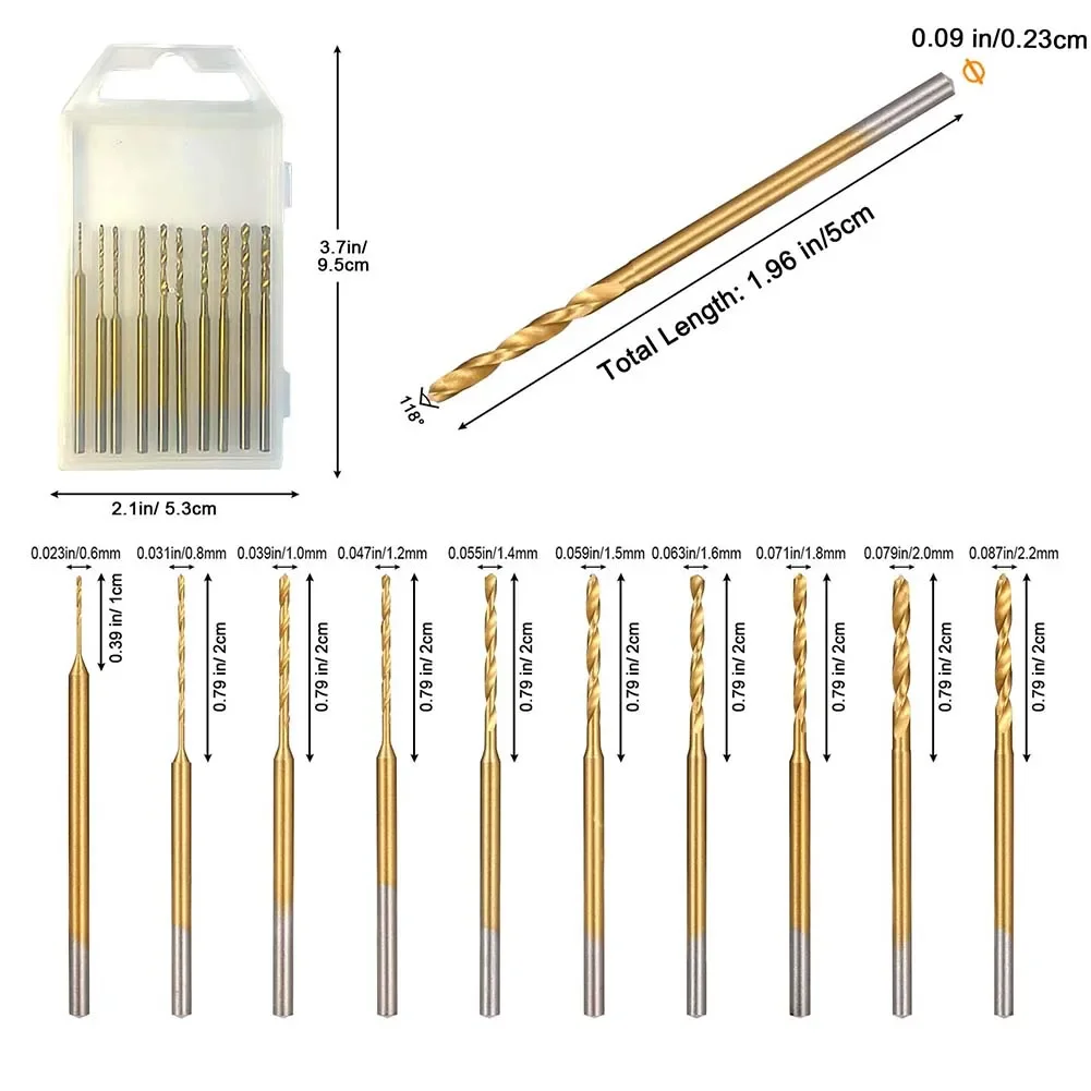 Mini juego de brocas para bricolaje, juego de 10 piezas, vástago de 2,35mm de diámetro, perforación eficiente, espacio de extracción de chips grandes