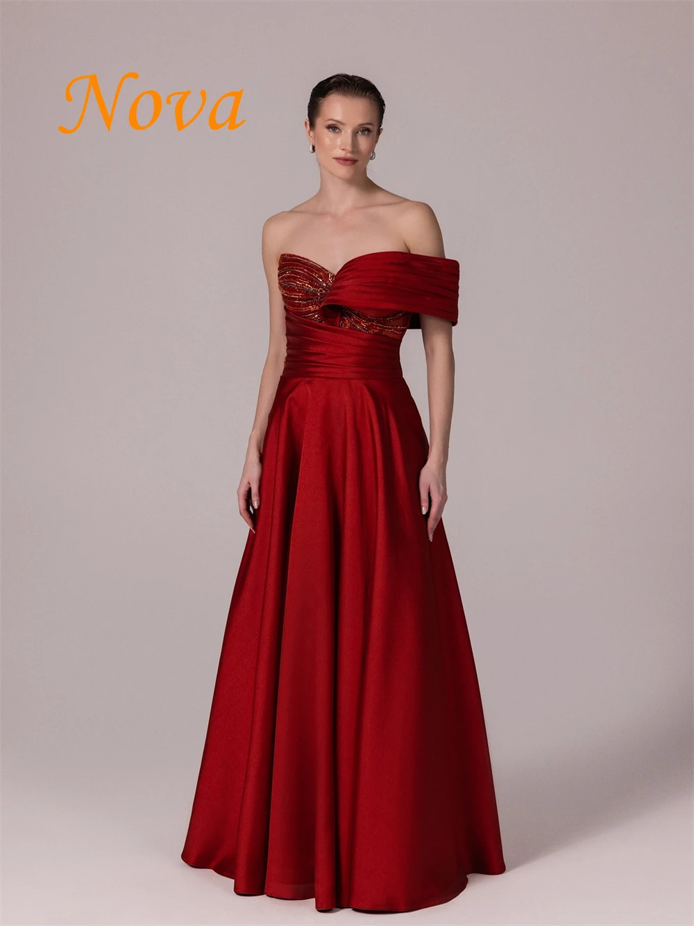 

Customized Exquisite Burgundy Satin Celebrity Gowns Elegant Off the Shoulder Evening Dresses Modern Special Occasion Gowns