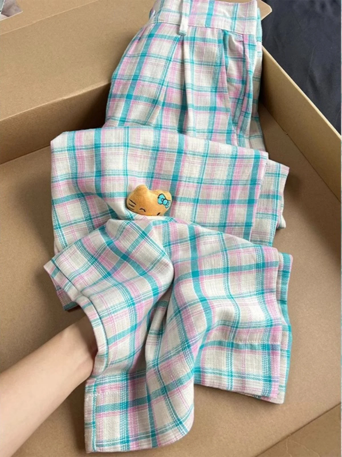 

Свободные широкие брюки женские летние, струящиеся, в пол, для прогулок, с 3D-плюшевым клетчатым узором, в корейском стиле, для повседневной носки