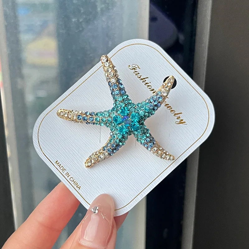 Bling Large Starfish Brooches for Women Full Rhinestone Blue Animal Sea Star Pin Bijoux Fashion Charm Clothes Jewelry Accessorie