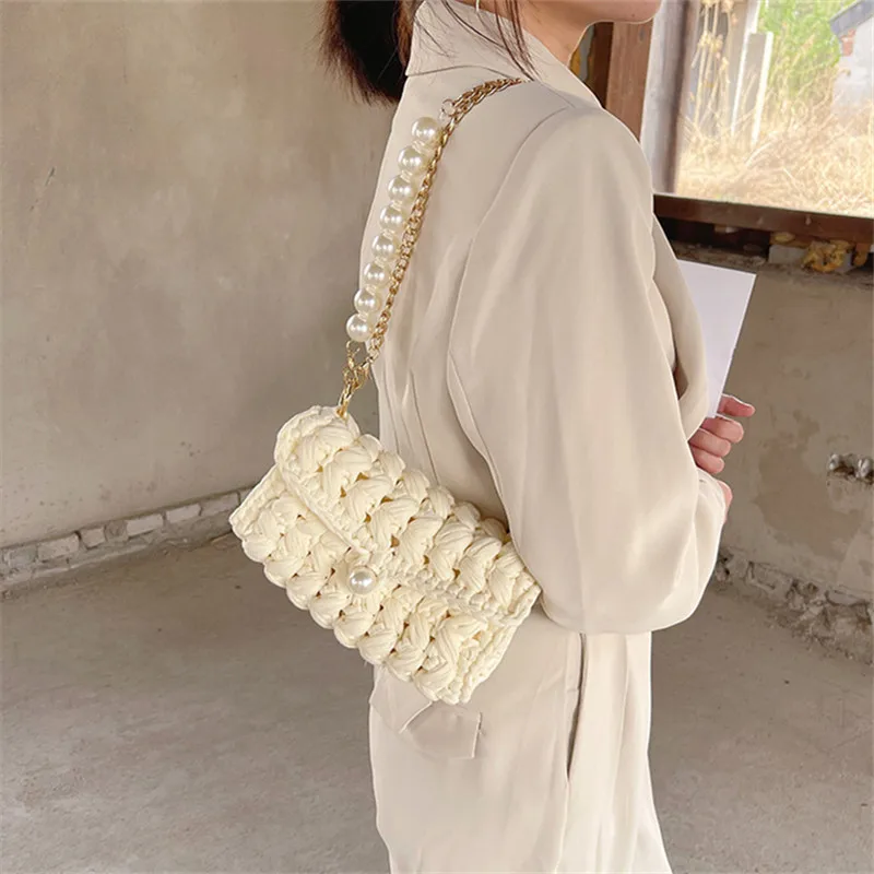 Woolen Knitted Braid Handbag Crochet Shoulder Bags  Women Hand-woven pearl shoulder strap Bag Wool Vacation Casual Tote Travel