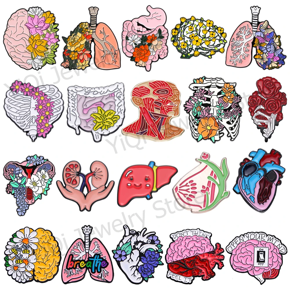 Órgão médico broche de metal punk pulmão cérebro intestino grande coração peito esmalte lapela pinos jóias presente mochila denim acessórios